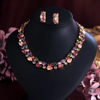 CWWZircons Chunky Multicolor Cubic Zirconia Pave Luxury Big Costume Jewelry Sets for Women Bridal Party Wedding Decor T768