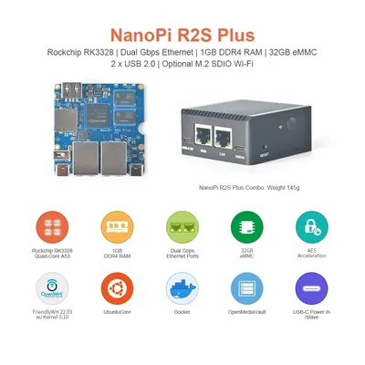 NanoPi R2S PLUS (1G DDR4 RAM & 0/32Gb eMMC) , Rockchip RK3328, Quad Cortex-A53,LAN Dual 1000M Ethernet,USB3.0,U-boot,Ubuntu-Core