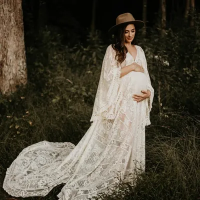Long Train Boho Maternity Photo Shoot Long Dress Beige Lace Pregnant Woman Photography Props
