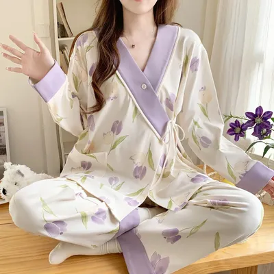 2Pcs Summer Chinese Style Maternity Pajamas Sets Fall Postpartum Breastfeeding Long-sleeved Nursing Clothes Pregnant Sleepwear