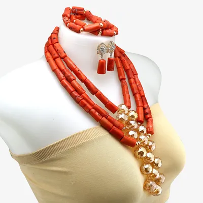 Natural Coral Bead Bridal Jewelry Sets Nigerian Wedding African Real Coral Jewelry set Necklace Bracelet Earrings Jewelry