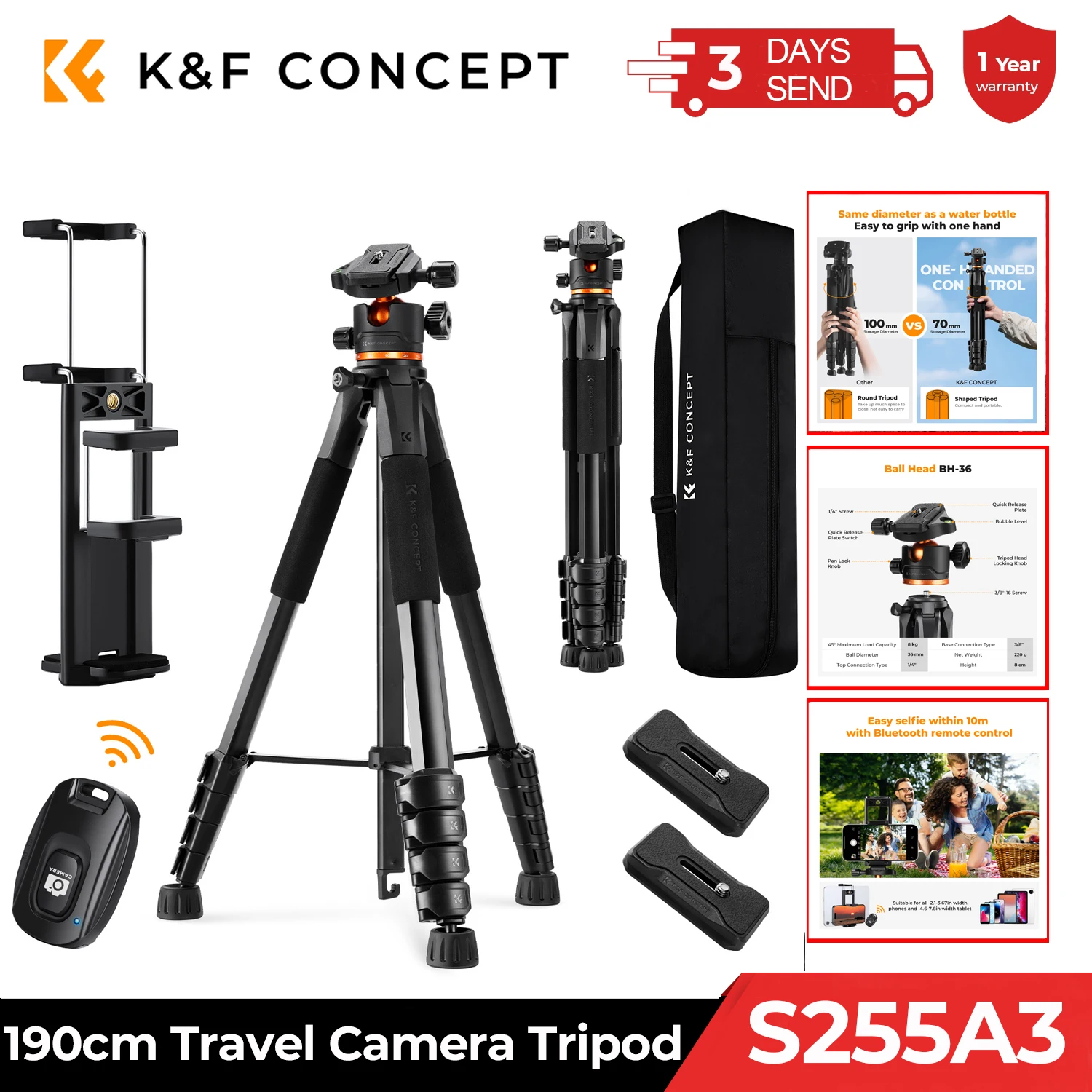 K&F Concept 75 inch/190cm Camera Tripod Lightweight Travel Outdoor DSLR Tripods Cellphone Clip and Remote Control for Smartphone