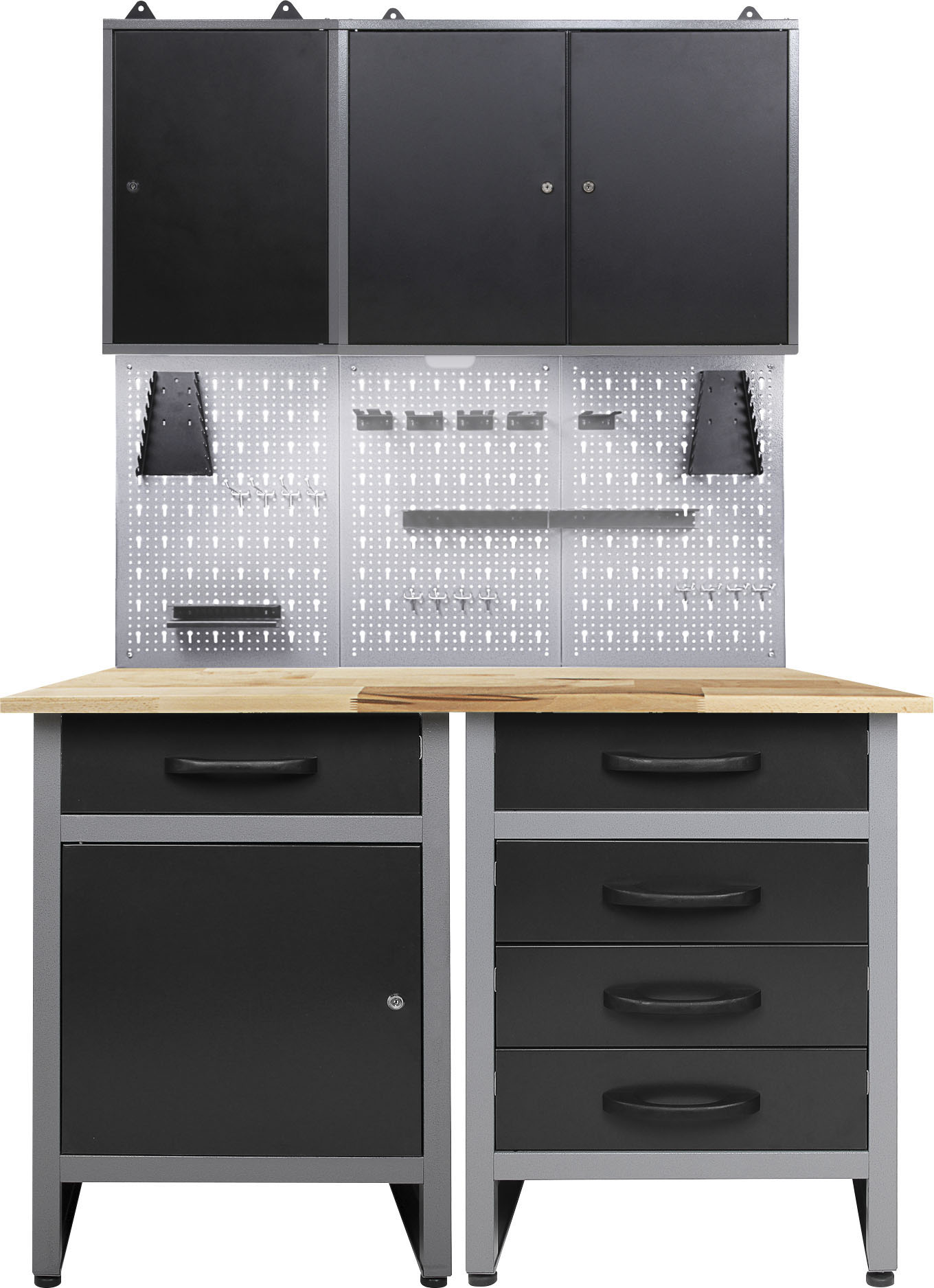 Werkstatt-Set ONDIS24, schwarz (anthrazit, schwarz, grau), B:120cm H:205cm T:60cm, Edelstahl, Werkbänke, 120 cm