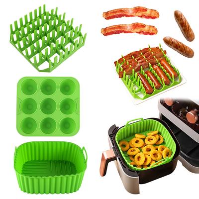 3pcs Reusable Silicone Air Fryer Liners Set Non-Stick Silicone Tray, Bacon Rack 9-Cavity Mold for Eggs and Cupcakes Multi-Use Air Fryer Accessories