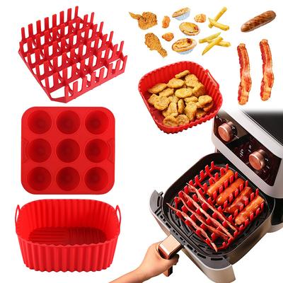 3pcs Reusable Silicone Air Fryer Liners Set Non-Stick Silicone Tray, Bacon Rack 9-Cavity Mold for Eggs and Cupcakes Multi-Use Air Fryer Accessories