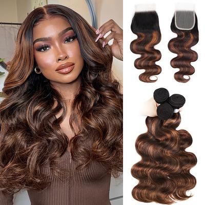3 Bundle with Closure Human Hair Extension Hair T1B-4/30# Body Wave Human Hair 12-28 Inch For Black Women