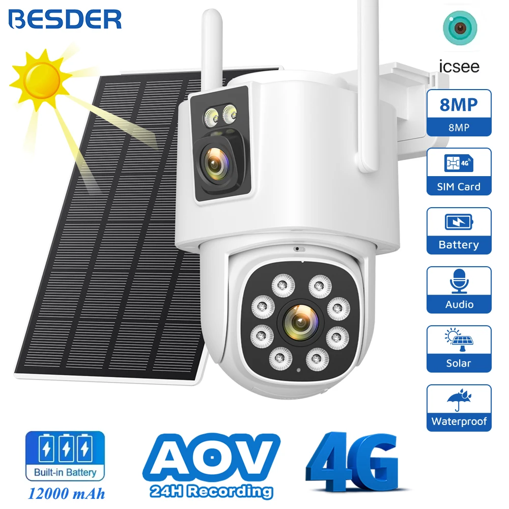 BESDER 4G Solarkamera SIM-Karte 8MP Dual Lens AOV 24/7 Videoaufzeichnung mit Akku Human Detect CCTV-Überwachungs-IP-Kamera iCSee Image