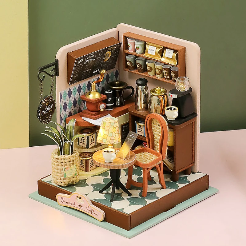 Puzzle 3D Caffetteria in legno Mini kit casa delle bambole Assemblaggio fatto a mano fai-da-te Costruzione di case delle bambole Giocattoli per bambini Regali di compleanno
