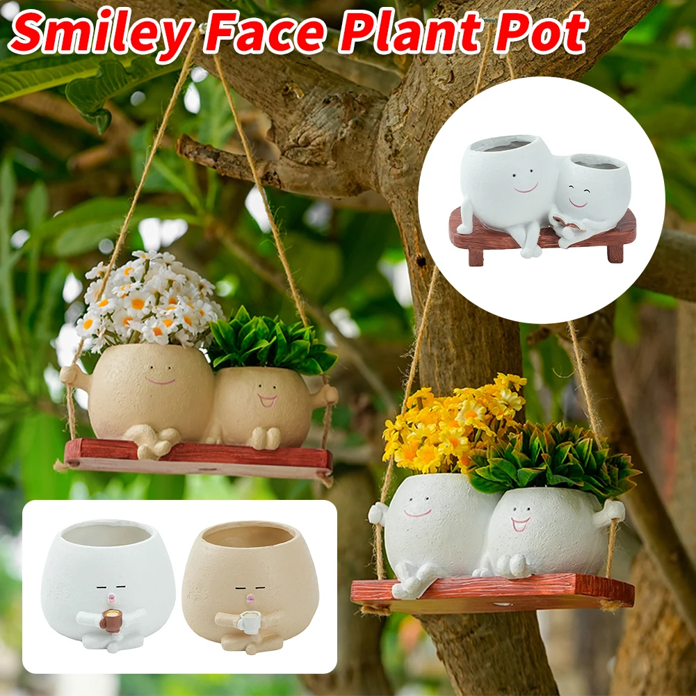 Creative Flower Pot Wall Planter Swing Face Planter Pot Resin Smiling Face Planter Wall Hanging Head Planter Garden Accessories Image