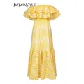 TWOTWINSTYLE Stickerei Elegante Kleid Für Frauen Slash Neck Kurzarm Hohe Taille Cut Out Midi Kleider Weibliche Sommer Kleidung