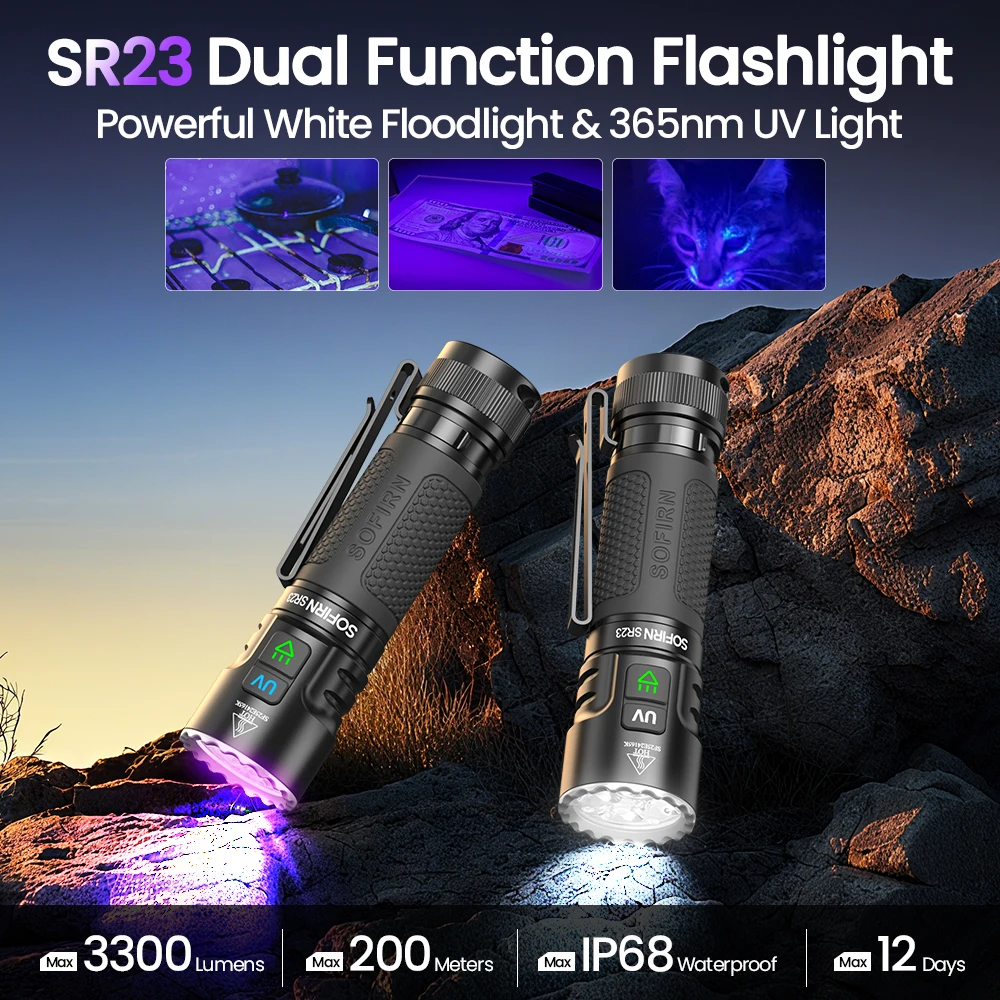 Neue SOFIRN SR23 EDC 3000LM 6500K Taschenlampe 365nm UV SST08 21700 USB-C Wiederaufladbare Leuchte mit Doppelschalter Image