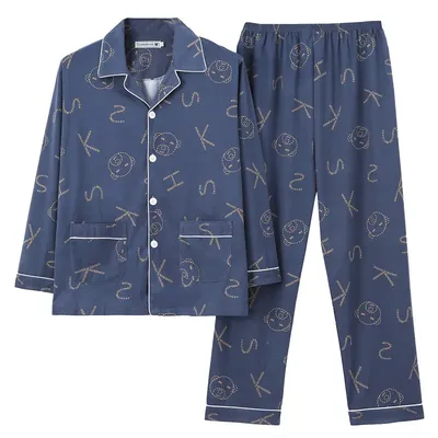 Große Herren-Pyjamas, Herbst und Winter, Blumenmuster, langärmelig, lässig, einfach, weich, Heimkleidung, Jugend-Nachtwäsche, zweiteiliges Set, Loungewear Image