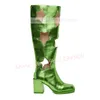 Grün Stern Hohl Karree Knielangen Stiefel Frauen Nachtclub Party Zurück Zipper Chunky Heels Stiefel Dame Mode Punk Sexy Schuhe