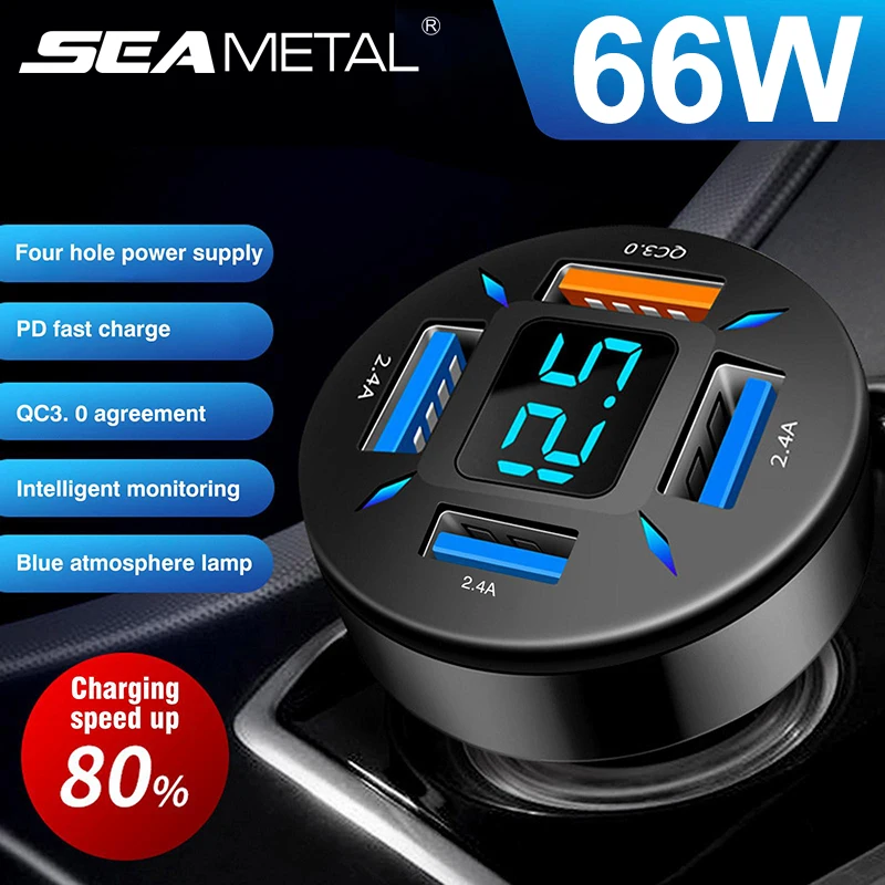 SEAMETAL 66W Auto USB Ladegerät Super Lade Telefon Ladegerät in Auto Zigarette Leichter Adpater 4-Port Schnelle Lade für Smartphone Image