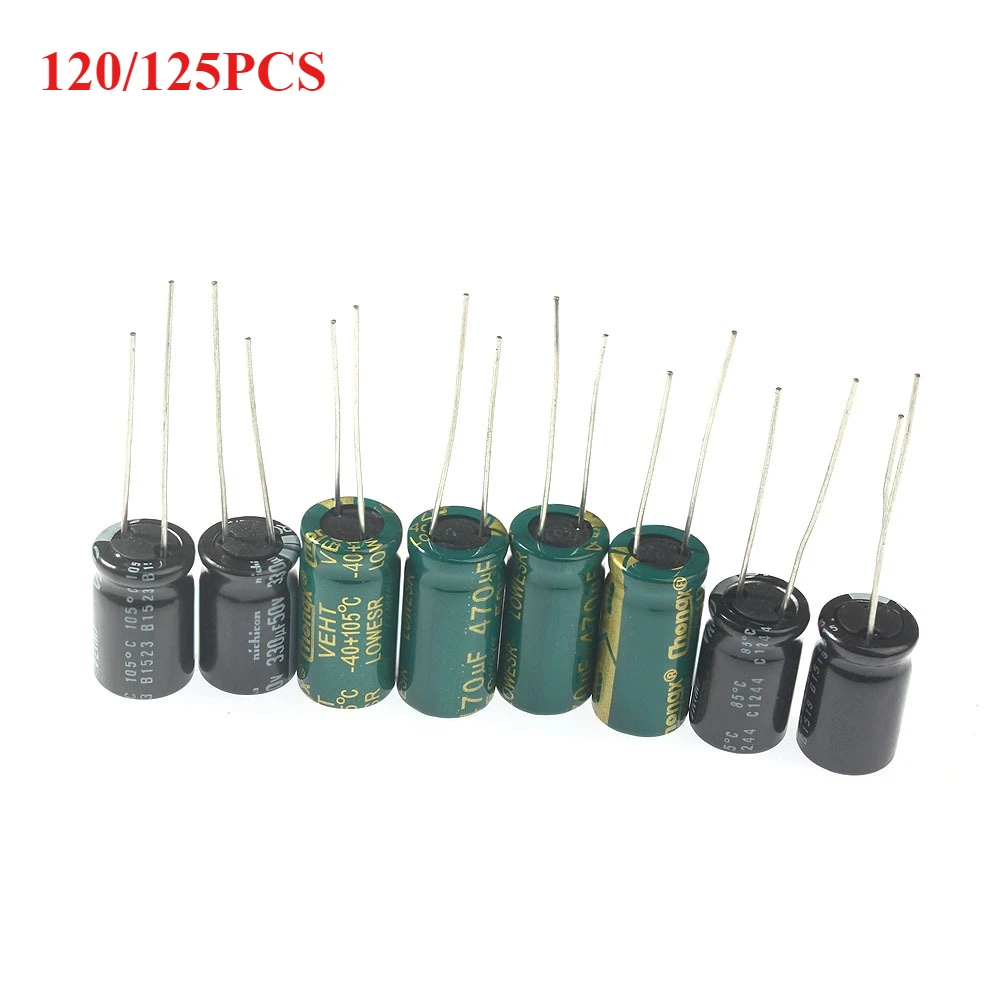 120/125PCS 16V 25V 50V Aluminium-Elektrolytkondensator-Sortiment-Kit 1uF-2200uF 3,3uF 4,7uF 6,8uF 10uF 47uF 100uF 220uF 330uF Image