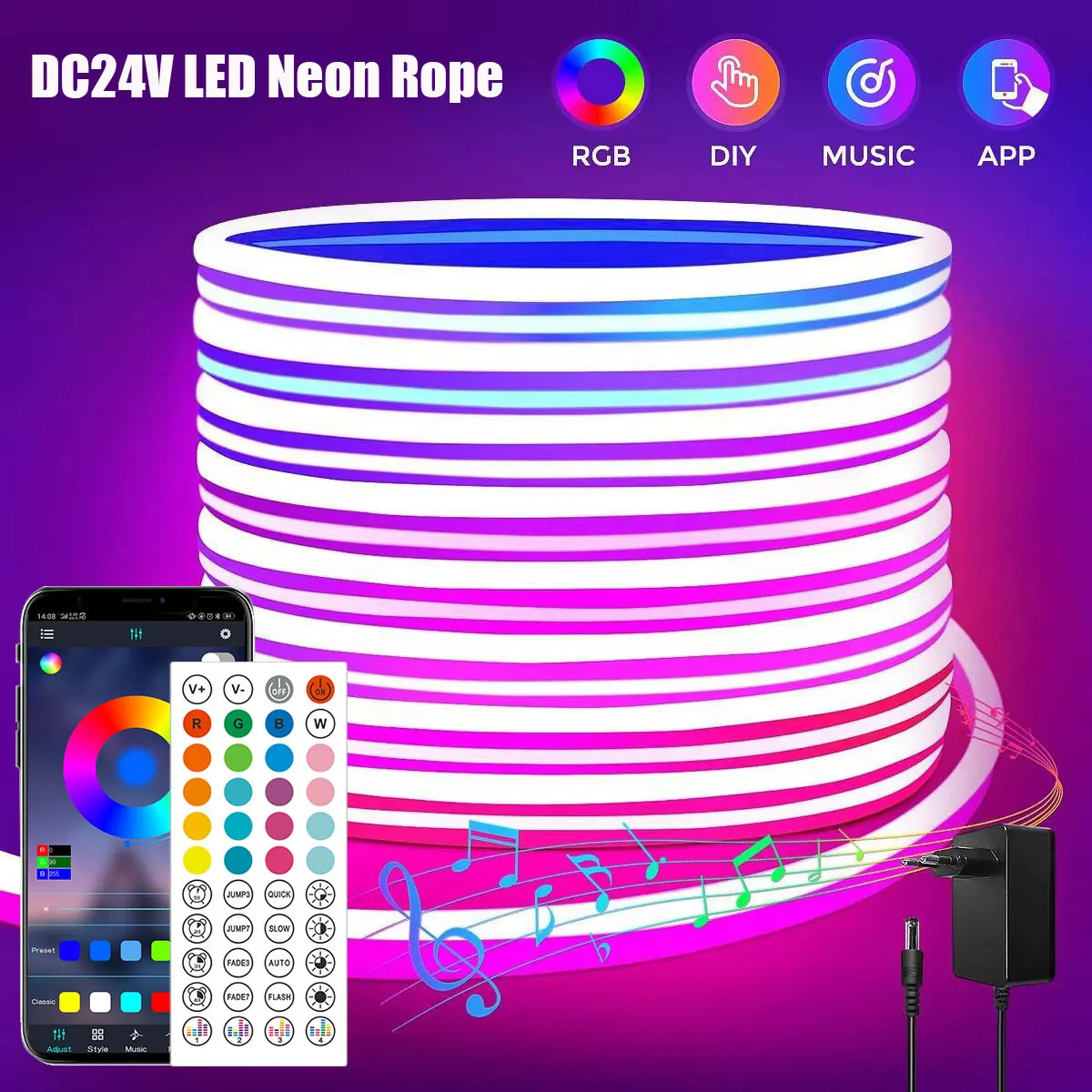 Neon-LED-Lichtleiste, 24 V, RGB, flexible Neon-Bandsteuerung mit App, Bluetooth, 15 m, 10 m, 20 m, 30 Meter, Kinderzimmer-LED-Wandleuchte
