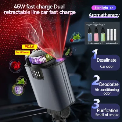 5-In-1 Car 45W Retractable Phone Charger with Type C PD Cable Aromatherapy Essential Diffuser Roof Starlight For IPhone Andriod