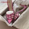Rosa Satin-Hausschuhe, spitz, Stiletto, offene Zehen, High Heels, Damen, elegante Linie, bequeme Sandalen, Hausschuhe, Sommer-Damenschuhe, Größe 46