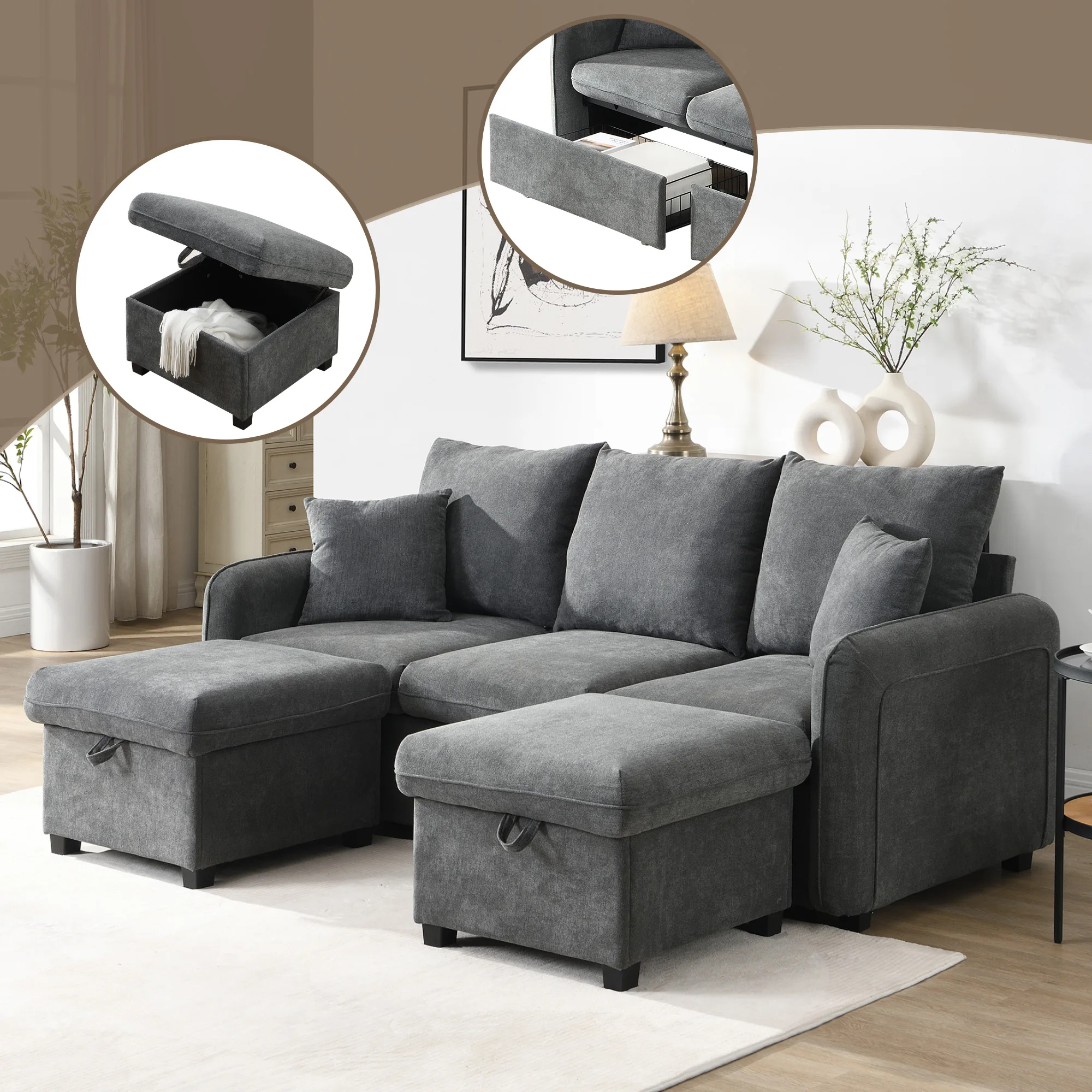 U-förmiges Sofa 3-Sitzer mit Stauraum, Schublade, Ottomane mit Fach, Schlaffunktion, modulares Design, Chenillebezug, Space-Sav Image