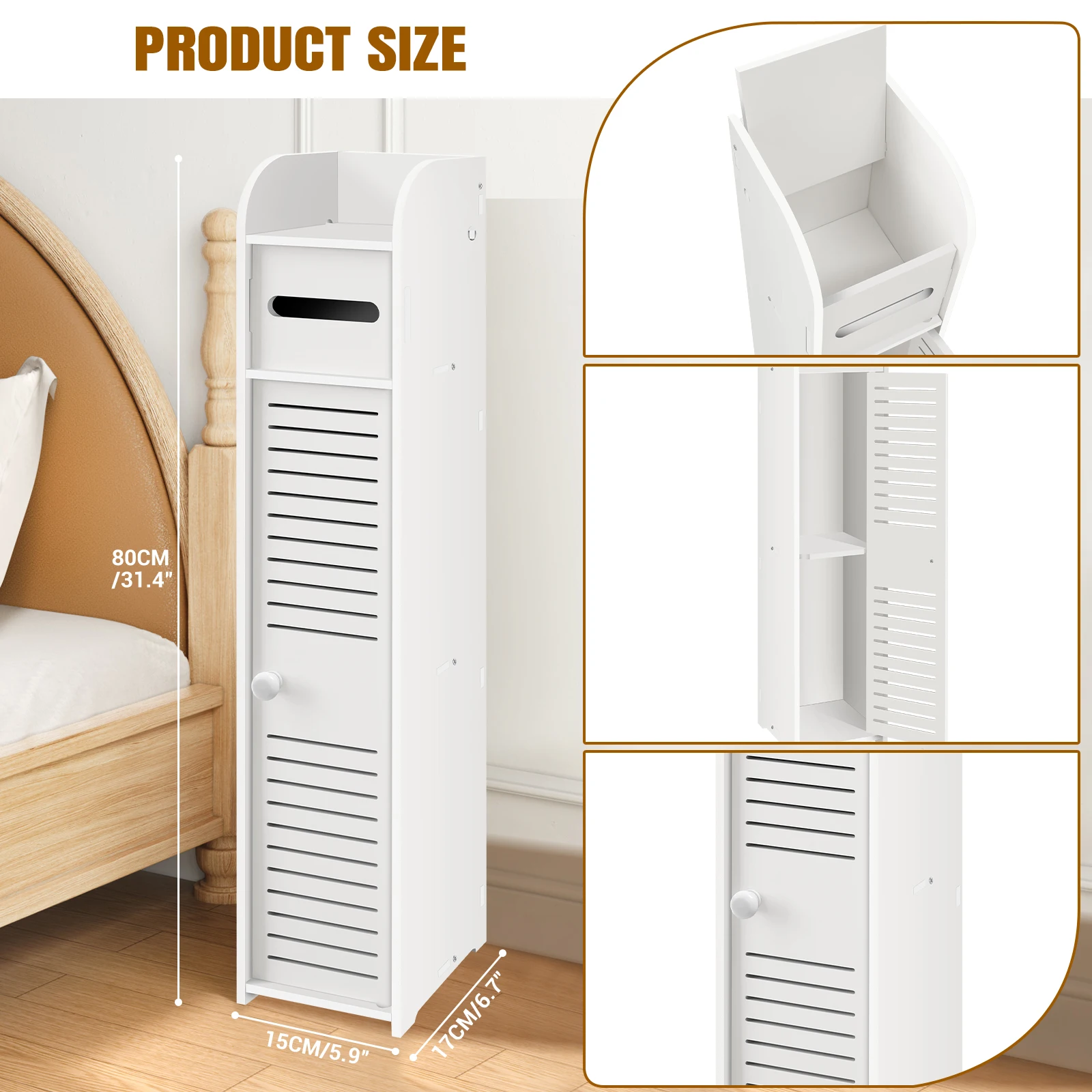 Badezimmerschrank mit Tür und Toilettenpapierhalter, PVC-Material, schmal, bodenstehend, einfach zu montieren, 80 x 15 x 17 cm
