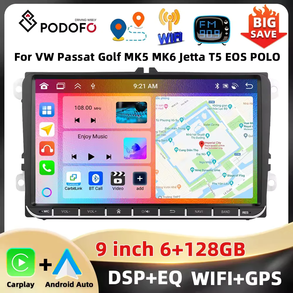 Podofo 9'' 2Din Auto Stereo Für VW/MAGOTAN/GOLF/CADDY Multimedia Player 6 + 128G Carplay Android Auto WIFI GPS FM/RDS BT Auto Audio Image