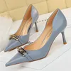 BIGTREE Schuhe, elegante Damen-Pumps, Metallknopf, Kitten-Heels, Damenschuhe, Stiletto-Bankettschuhe, spitze High Heels, große Größe 43
