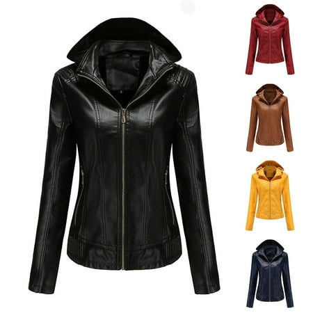 YOIAVAIOY Women s Faux Leather Moto Biker Jacket Casual Motorcycle PU Jackets Lightweight Zip Up PU Biker Coat with Hood Wine M