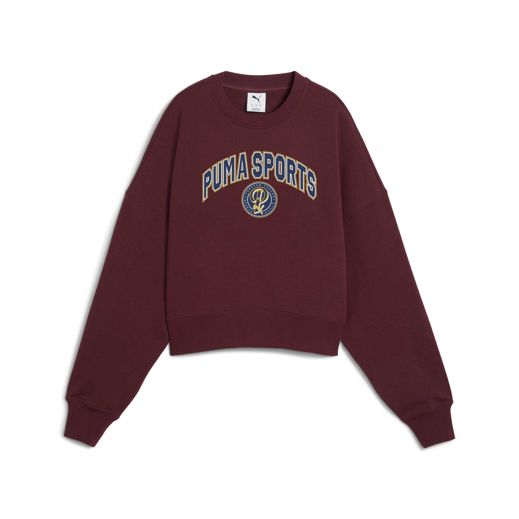 Sweatshirt PUMA "Wardrobe Essentials Sports Legacy Oversized Graphic Crew", Damen, Gr. XS, rot (ruby shimmer rot), Obermaterial: 68% Baumwolle, 32% Polyester; Rippe: 4% Elasthan, 96% Baumwolle, oversize, Rundhals, Sweatshirts