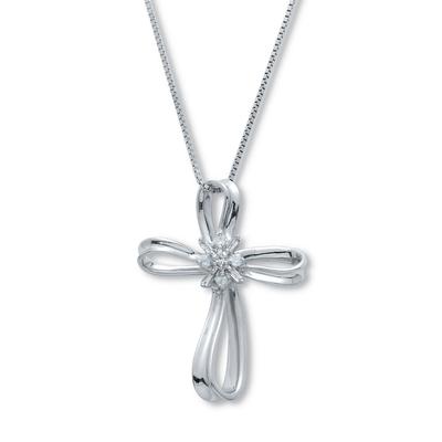Women's .10 TCW Diamond Sterling Silver Cross Pendant and Chain 18 Inches by PalmBeach Jewelry in White (Size ONE SIZE)