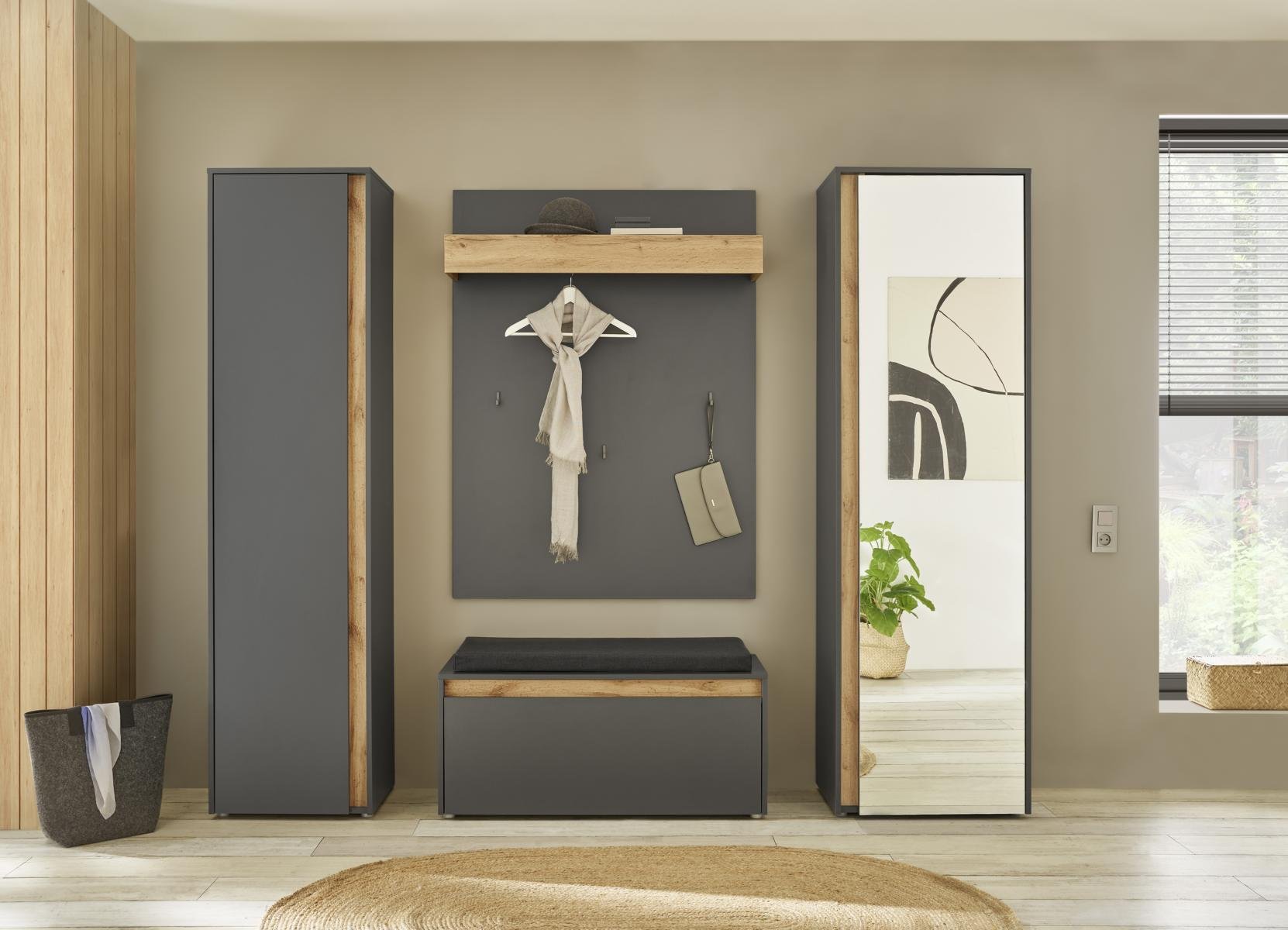 Garderoben-Set 4-teilig mit Schrank und Spiegel anthrazit + Eiche Nr. 6 Boston