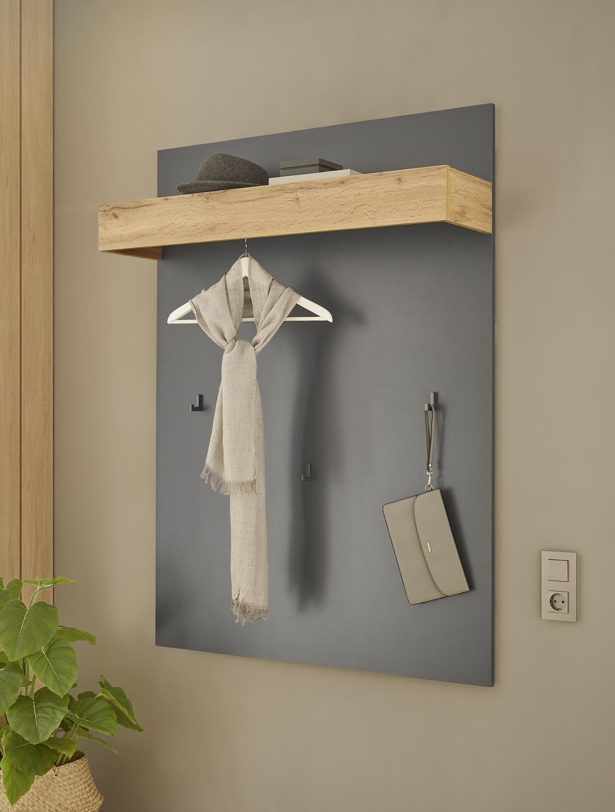 Garderobenpaneel mit Ablage 100 cm anthrazit + Eiche Boston