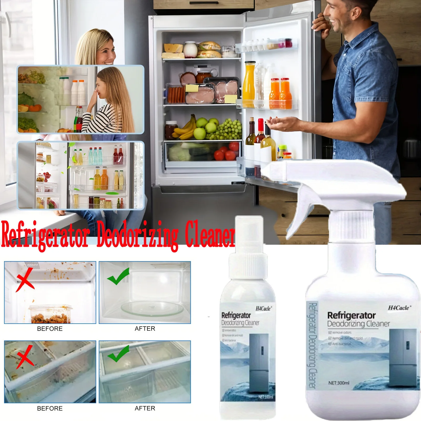 Kühlschrank-Reiniger-Spray, Kühlschrank-Deodorant, klebriger Rückstände-Entferner für Gemüse, Küchenutensilien, Geruchsbeseitiger, Lufterfrischer Image