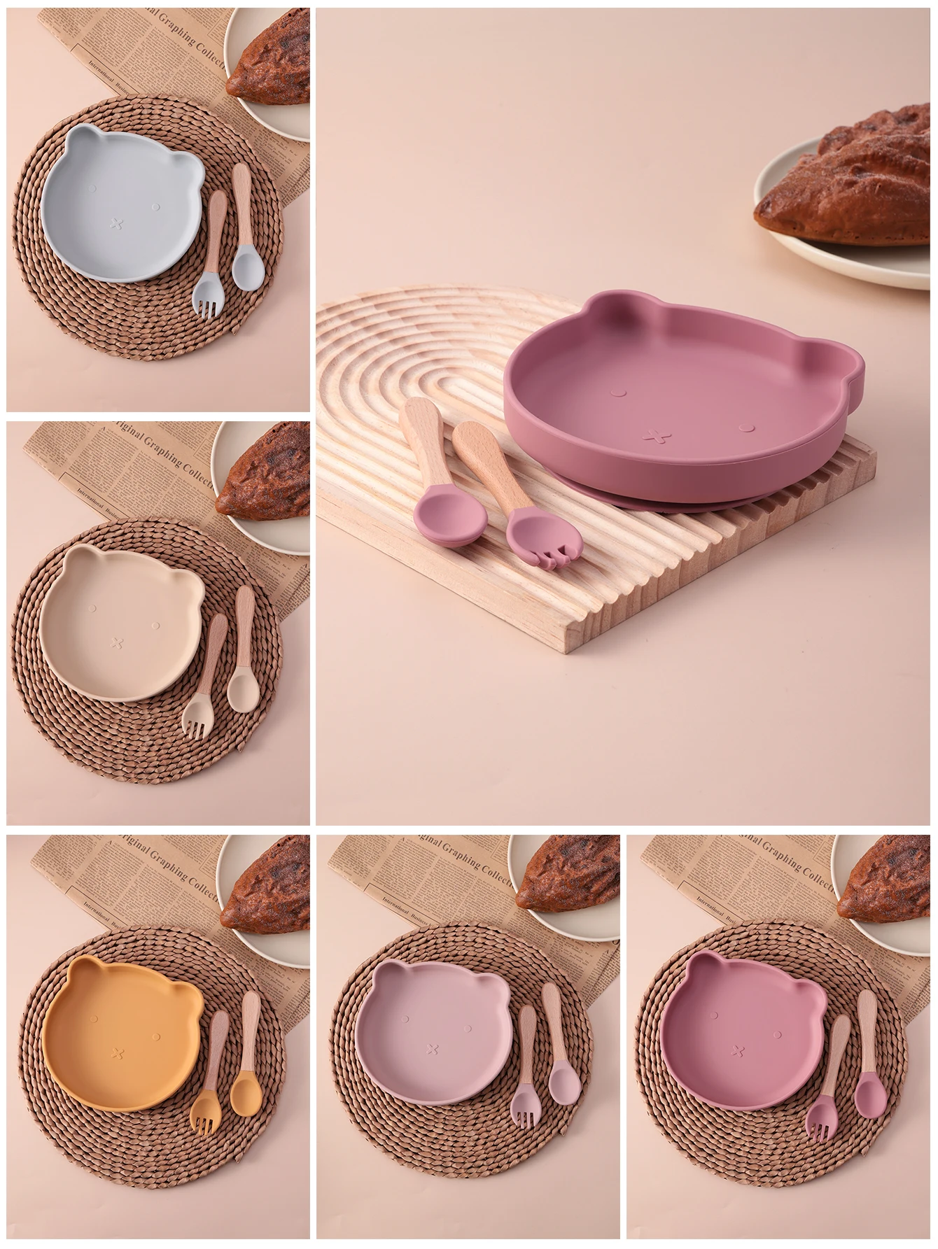 3PCS BPA FREI Silikon Kleinkind Fütterung Set Saug Gerichte Platte Löffel Gabel Kinder Geschirr Ausbildung Utensilien Baby Neugeborenen Artikel