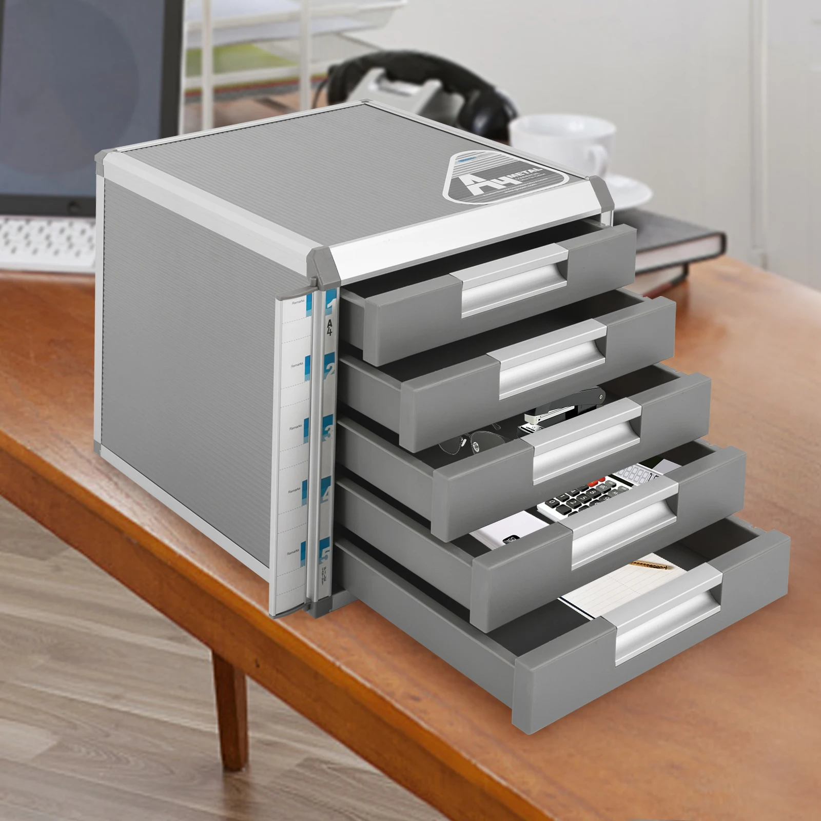 Aufbewahrungsbox, Metall-Schubladenbox, abschließbar, Dokumentenaufbewahrung, 5 Fächer, Schubladenbox, A4-Aktenschrank, Bürobox aus Aluminiumlegierung