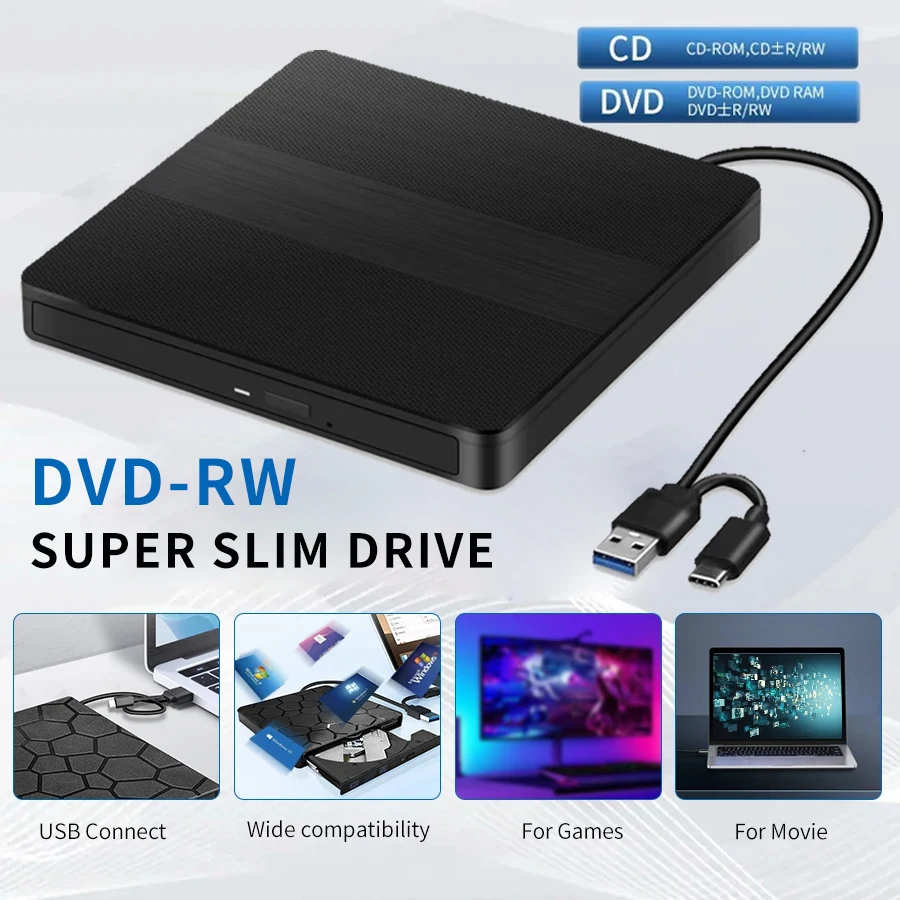 2-in-1 Typ C&USB 3.0 Slim Optisches Laufwerk Externer DVD-RW-CD-Player Schriftsteller DVD-Brenner Leser Tabletttyp Tragbar für PC Laptop Image