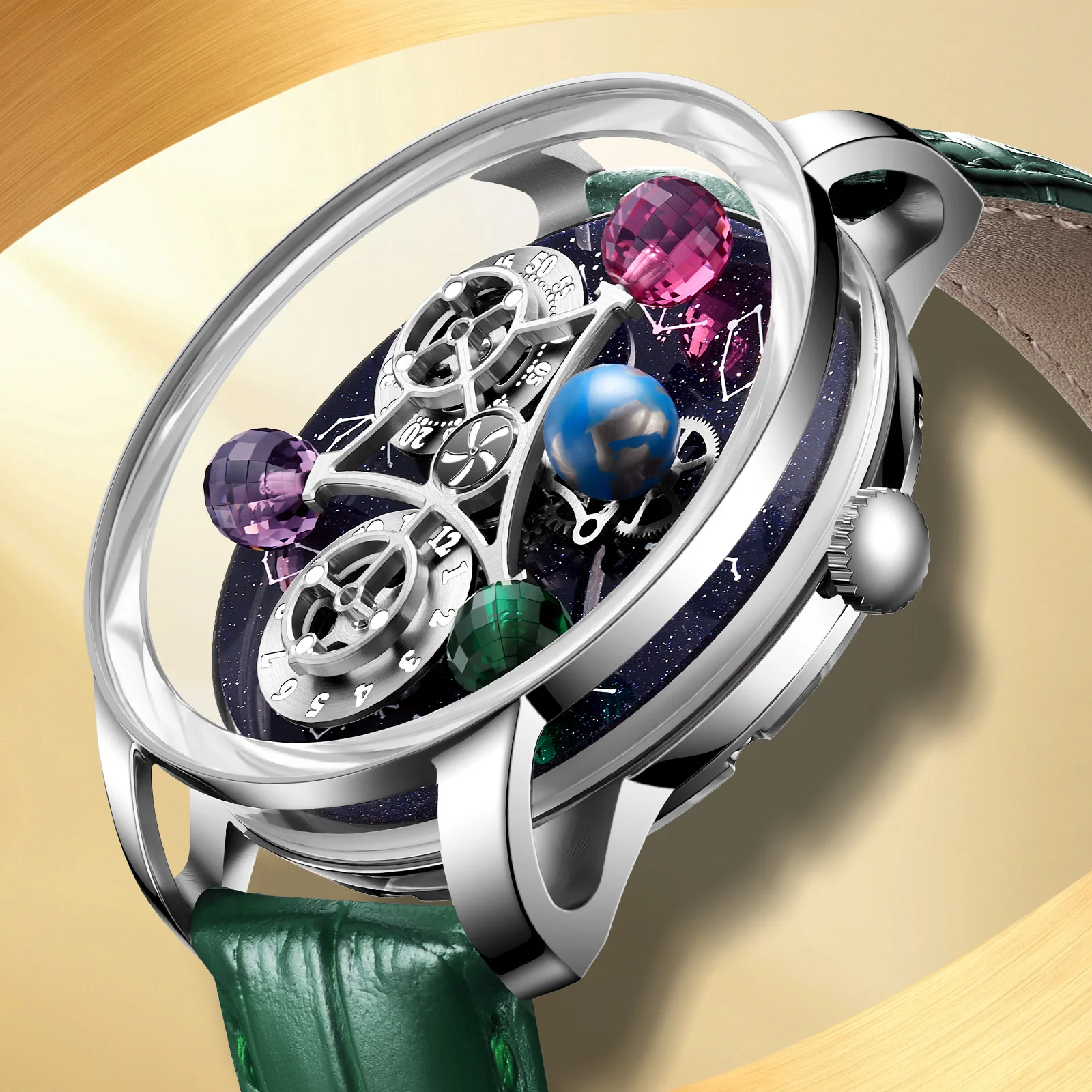 HAEMMERNeue Herrenuhr, mechanisches Lederarmband, Sternenhimmel, Freizeit-Business-Uhr, 30 m wasserdicht, Herren-Freizeituhr, Nachtlicht Image