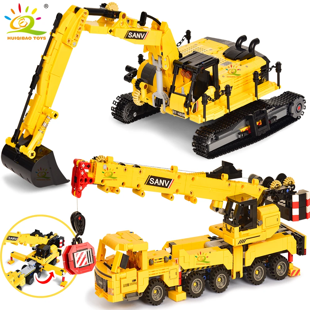 HUIQIBAO MOC Engineering Bagger Kran Lkw Bausteine Fahrzeug Auto Ziegel Stadt Bau Spielzeug Für Kinder Jungen Image