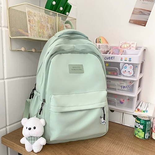 Zaino scolastico verde chiaro da donna con simpatico portachiavi a forma di orsetto di peluche, zaino impermeabile multitasche di grande capacità per ragazze adolescenti, università e uso quotidiano