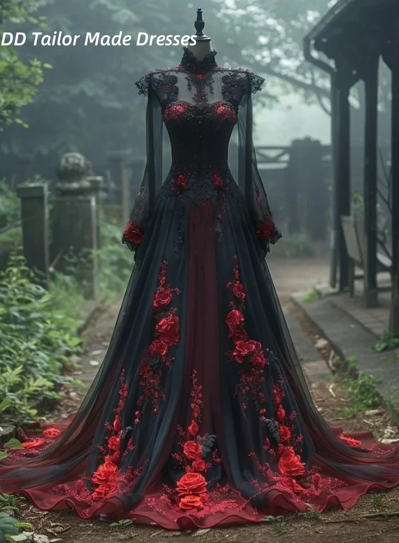 Rotes und schwarzes Gothic-Hochzeitskleid mit 3D-Blumenapplikationen, Spitze, A-Linie, Tüll, Vintage-Brautkleid, ausgestellte Ärmel, individuell gestaltet