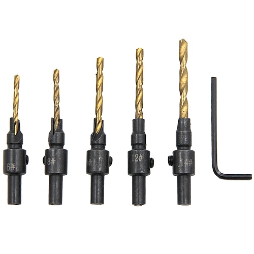 5 pz punte da trapano hss gambo tondo svasato maschiatore strumento lavorazione del legno legno foro pilota dimensione # 6 # 8 # 10 # 12 # 14 con 1 chiave inglese