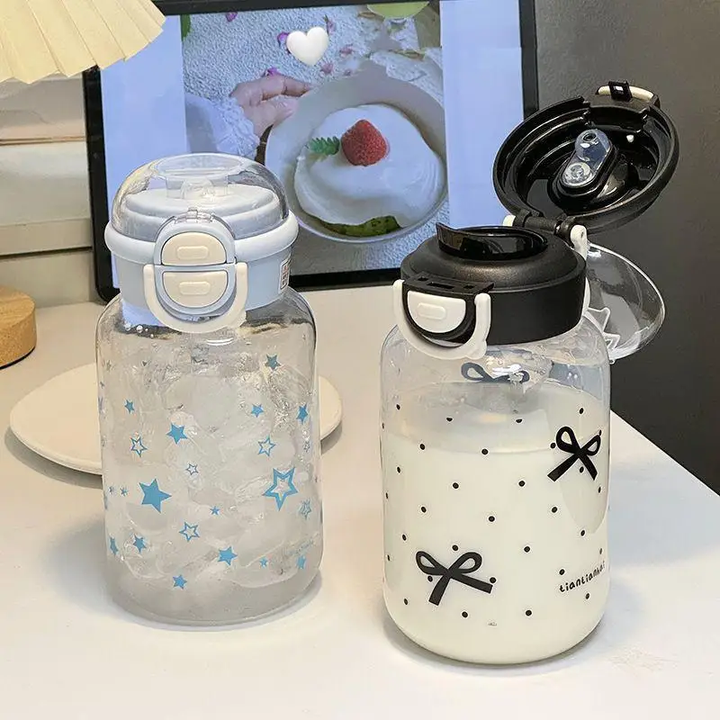 HUA 600 ml Stern-Wasserflaschenbecher für Eis, Kaffee, Saft, Tee, niedliche Schleife, Plastikbecher mit Strohhalmdeckel, tragbare Trinkflasche Image