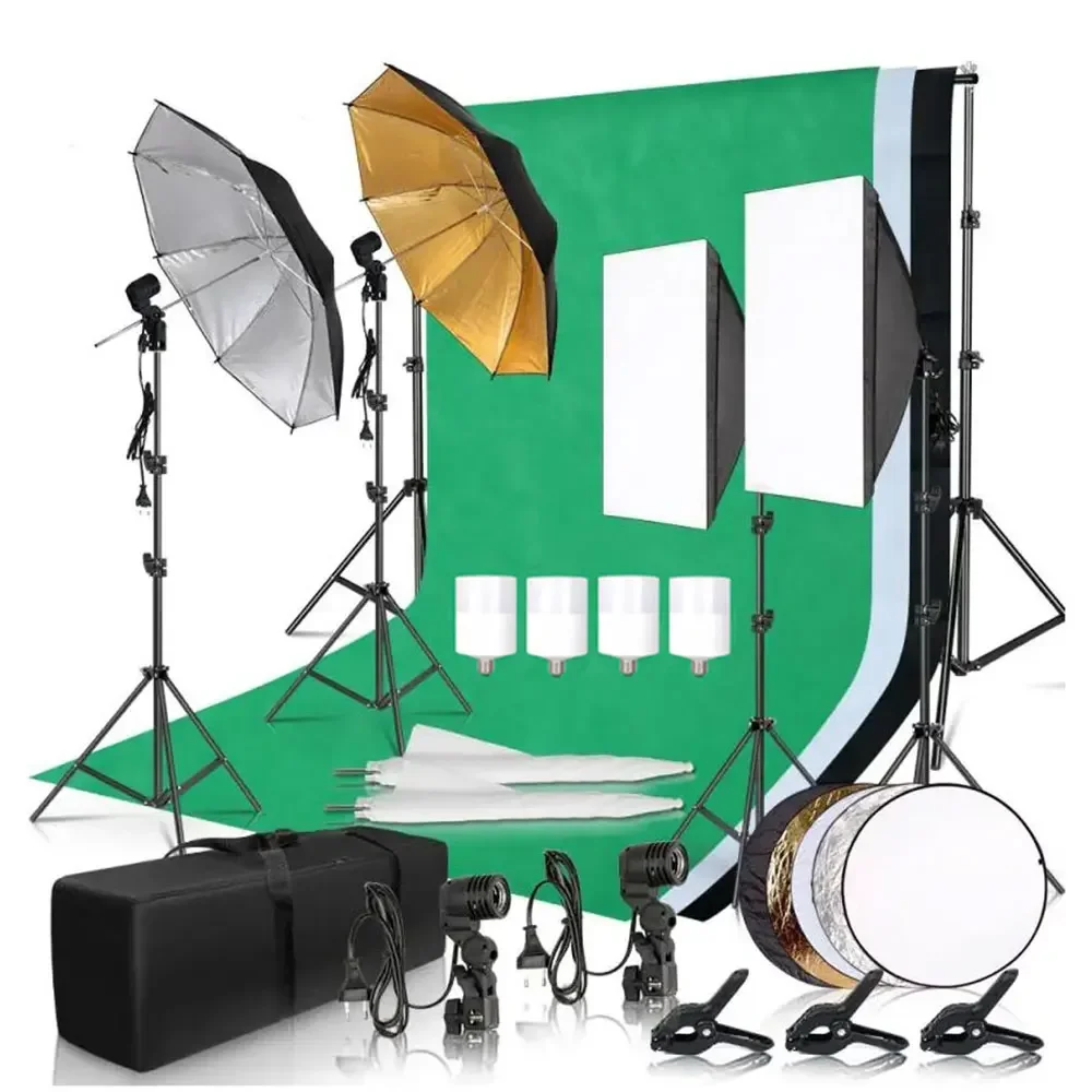 Fotografie Foto Studio Softbox Beleuchtung Kit mit 2,6x3M Hintergrund Rahmen 3 stücke Kulissen Stativ Reflektor Bord 4 regenschirm Image