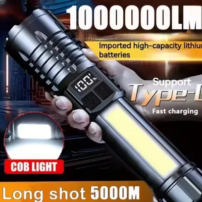 Super Bright LED Flashlight TYPE-C Rechargeable Flash Light with COB Side Light Powerful Torch for Outdoor Camping Fishing