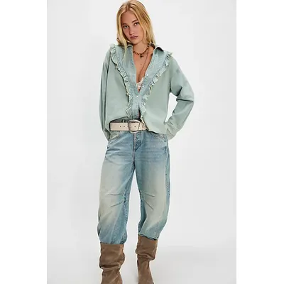 We The Free Tattered And Ruffled Denim Top at Free People in Vintage Tint Wash, Size: Small