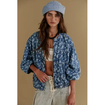 We The Free Layla Printed Denim Jacket at Free People in Blue Fog, Size: Medium