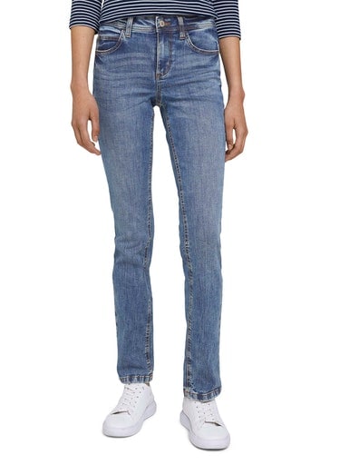 Straight-Jeans TOM TAILOR "Alexa - Straight", Damen, Gr. 29, Länge 34, blau (random bleached blau), Denim/Jeans, Obermaterial: 98% Baumwolle, 2% Elasthan, gerade lang, Jeans Straight-Jeans, in 5-Pocket-Form, Topseller