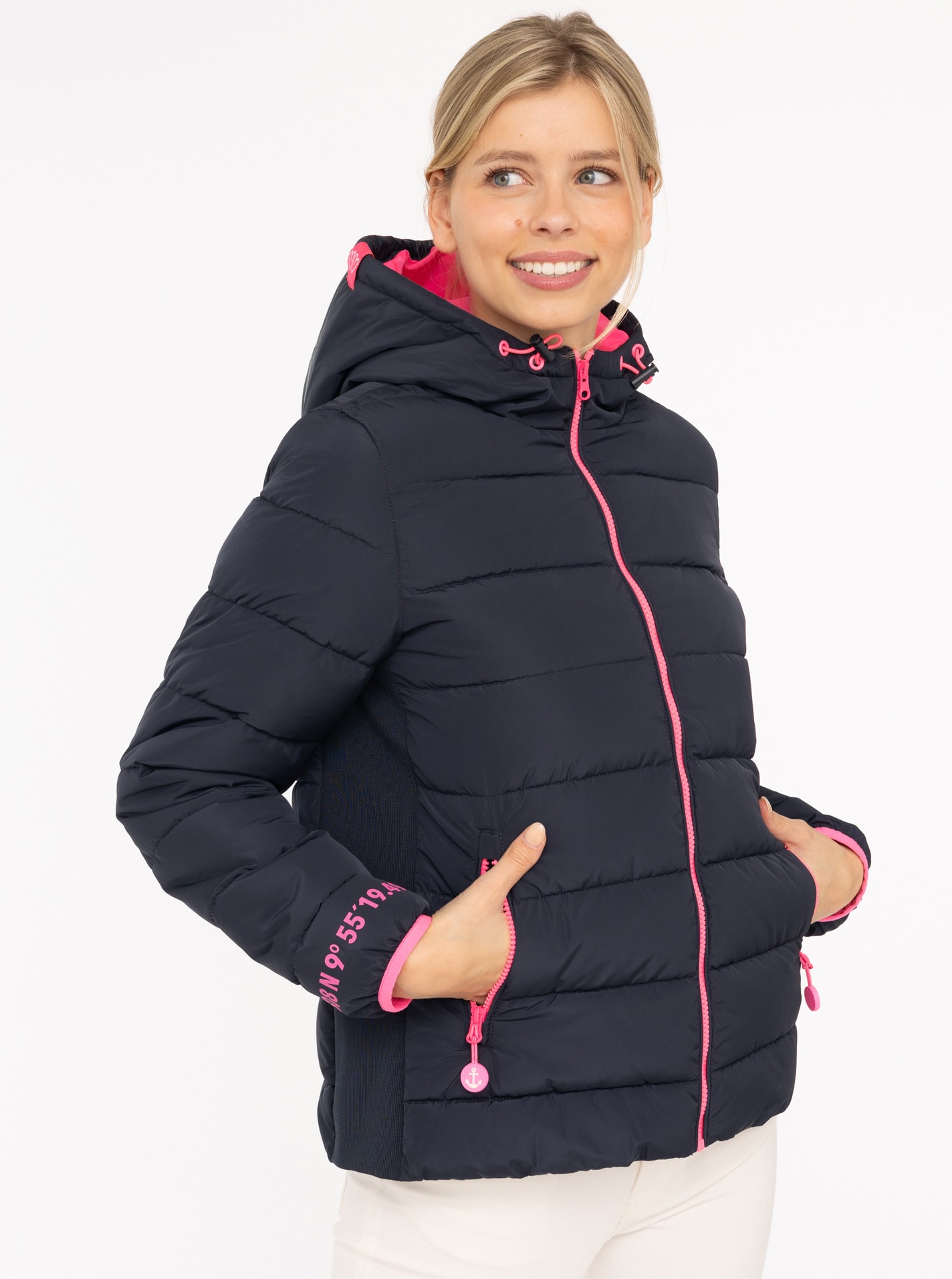 Steppjacke ZWILLINGSHERZ "Moin Moin", Damen, Gr. XL, blau (marine), Steppware, Obermaterial: 100% Polyester, bequem hüftbedeckend, ohne Ausschnitt, Jacken, Kapuze, wärmend, Kontrastnähte Image