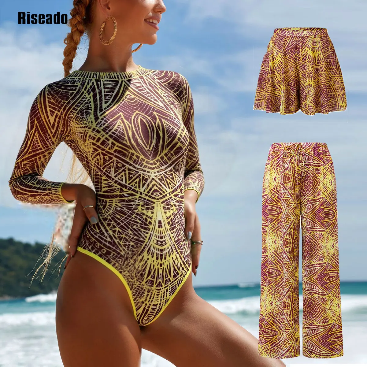 Riseado-Mesh-Badeanzug mit langen Hosen und Badekleid, langärmelige Mesh-Beachwear, sexy Badeanzug mit hoher Taille, intelligente Strandkleidung Image