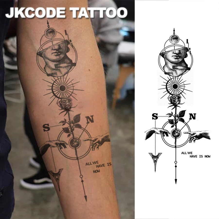 Kräuter-Tattoo-Kunst-Tattoo, Michelangelo David, Gipskopf, Rose, Blumenkugel, Breitengrad und Länge, Buchstabenmuster, temporäres Tattoo, cooler Stil für Männer und Frauen, Hand- und Beintattoo, Image