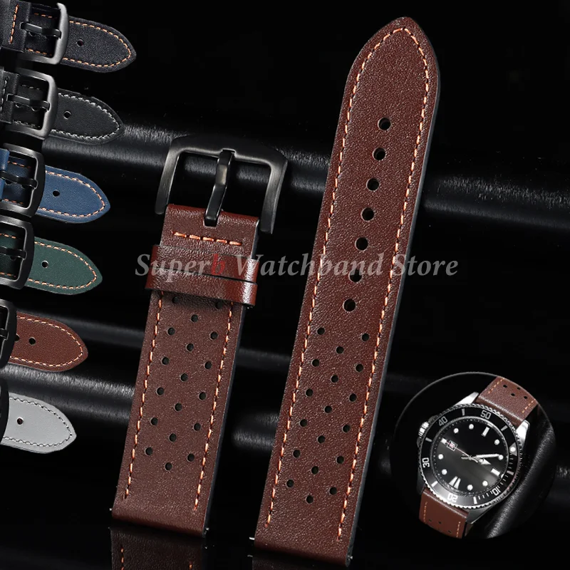 Vintage handgefertigtes Uhrenarmband 20mm 22mm Rindslederarmband für Seiko für Omega poröse atmungsaktive Schnellverschluss-Uhrenarmbänder Image